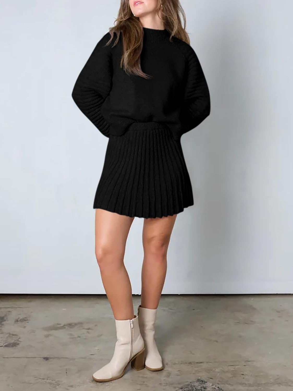 Zwurew Women's 2 Piece Outfits Long Sleeve Mock Neck Ribbed Sweaters and Mini Skirt 2025 Two Piece Sets - Image 4