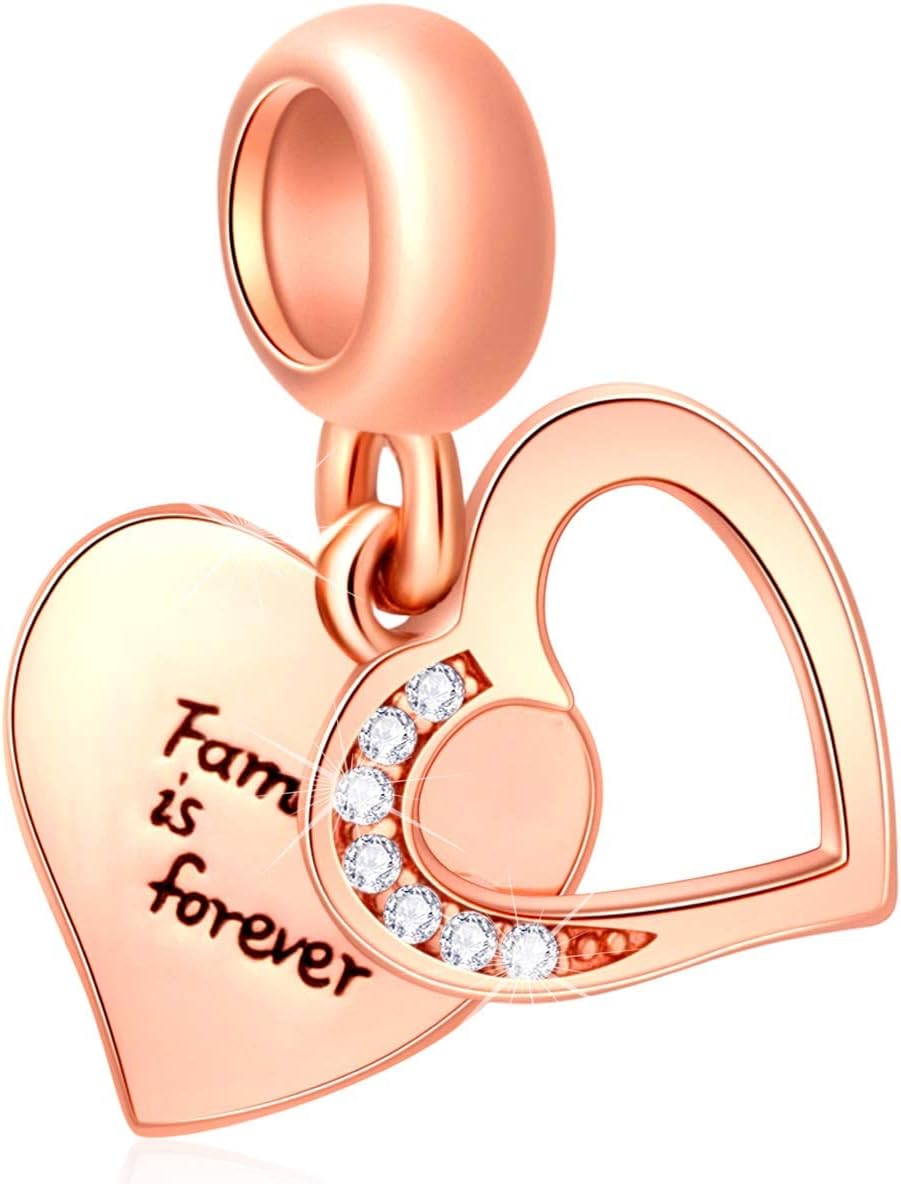 GLOWDAS Rose Gold Family Charms fit European Mothers Day Bracelet, 925 Sterling Silver Double Heart Dangle and Tree of Life Charms Pendant, Family Always Charm Gifts for Christmas/Mama/Sister