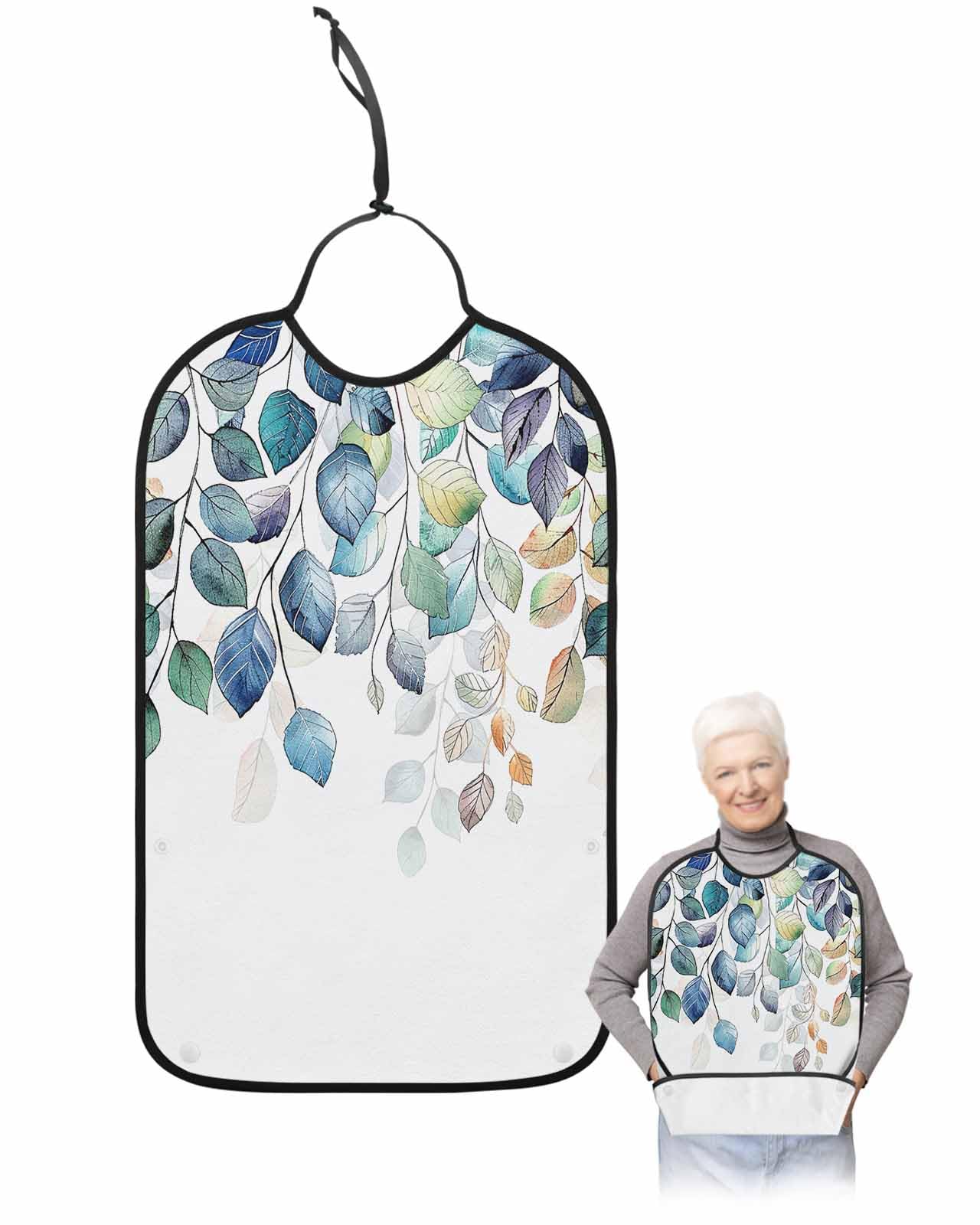 LEOKOTI Blue Teal Botanical Adult Bibs for Eating, Waterproof Bibs with Food Catcher & Adjustable Snap Closure, Weeping Fall Eucalyptus Leaves Washable Clothing Protectors Adult Bibs for Elderly
