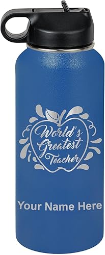 Miniatura 49 de LaserGram Botella de agua con tapa abatible de doble pared de 32 onzas con popote, el mejor maestro del mundo, grabado personalizado incluido (verde