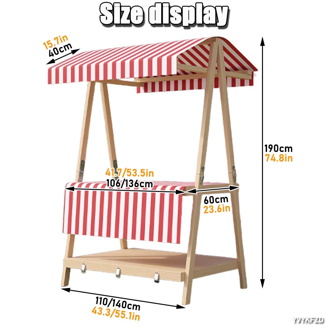 YVYKFZD Stand Marché Chariot en bois, Étal de Marché pliable et portable avec auvent, Chariot de Vente commercial à 2 niveaux, Stand de Marchés for la vente de rue(Pink 2,140cm/51.1")