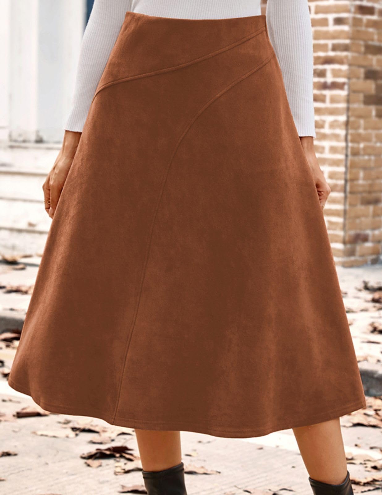 Kate Kasin Jupe Midi en Daim Femme Taille Haute Elegant A-Line Plissee