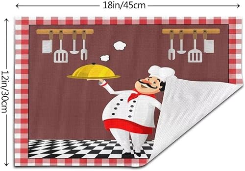 Miniatura 3 de Juego de 4 manteles individuales de tela de chef de cocina, manteles individuales de lino con patrón de cocinero gordo de dibujos animados,