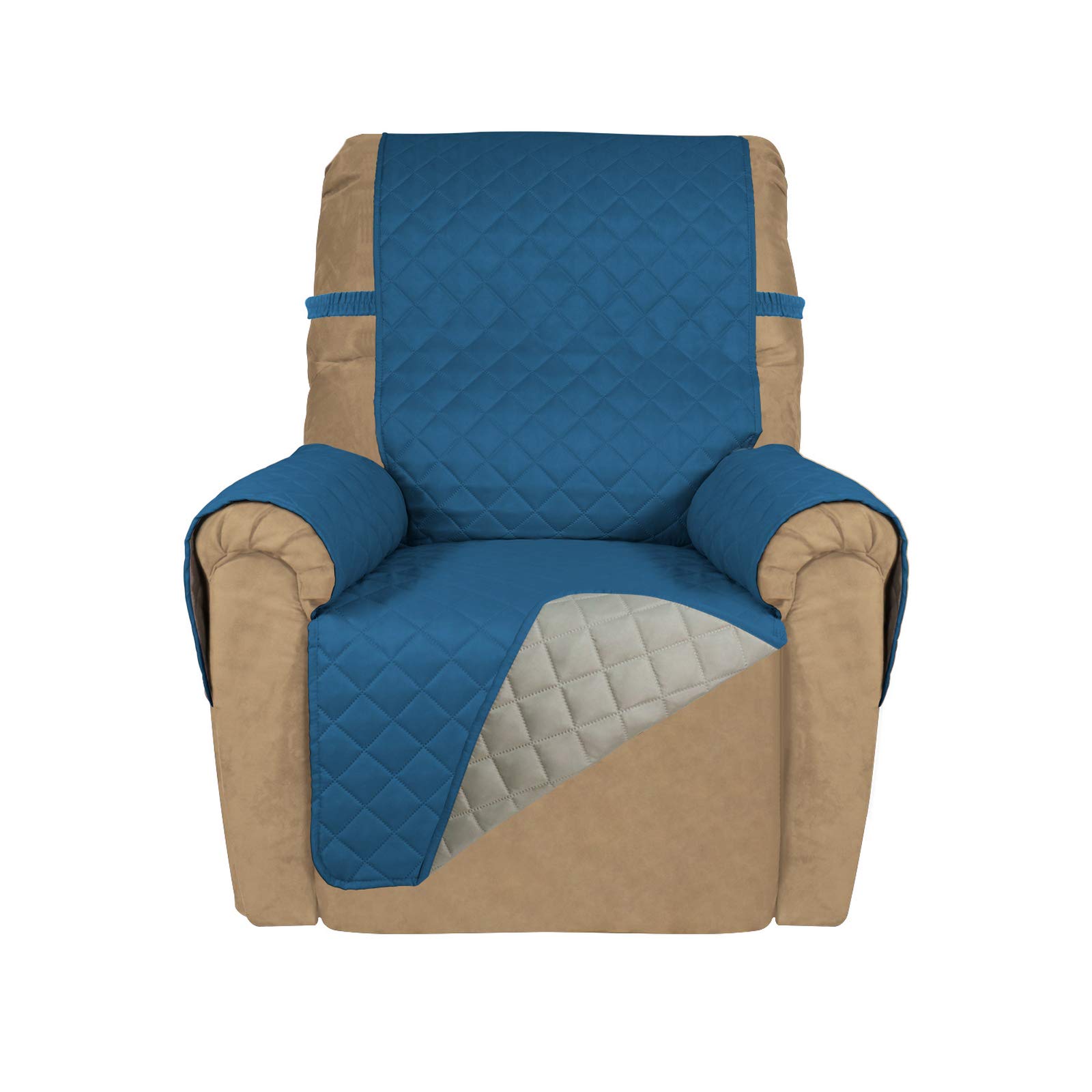 purefit reversible quilted sofa cover, water resistant slipcover furniture protector, washable couch cover with non slip and elastic straps for kids, dogs, pets (small recliner, peacock blue/beige)