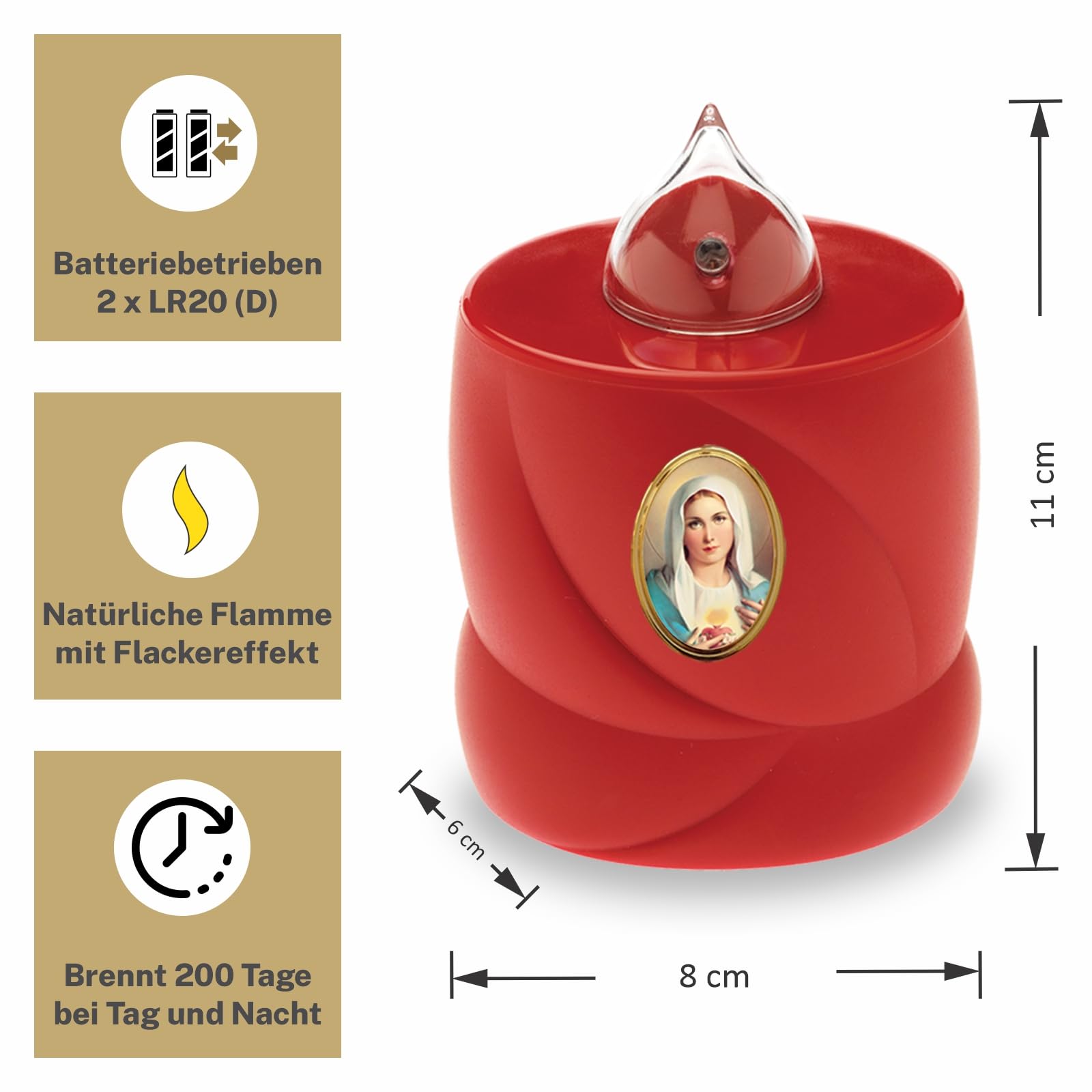 AROBA LED Grave Candle - Flickering Effect - Long Burning Time up to 200 Days - Reusable - Red Saint Mary - Image 2