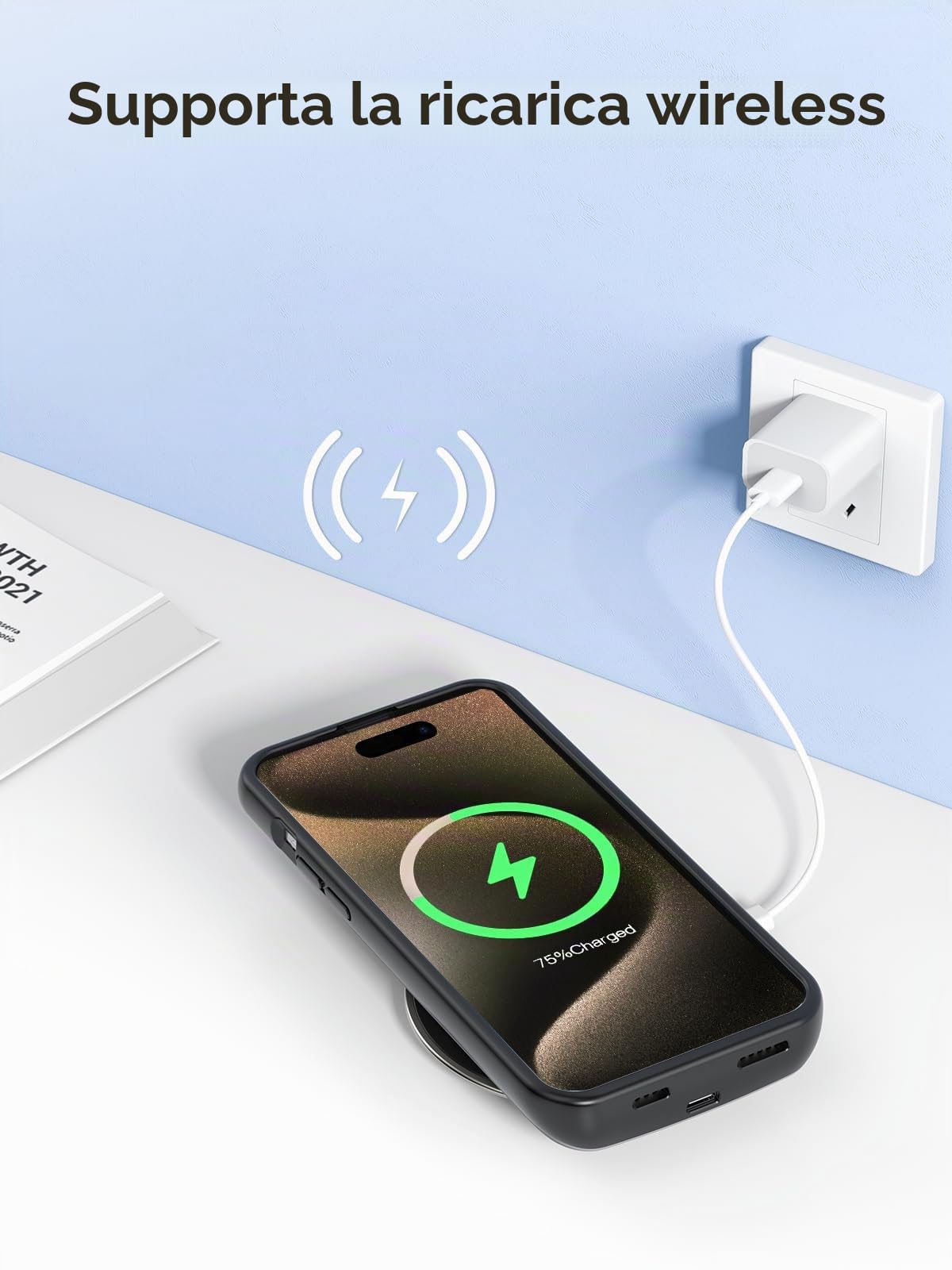 NEWDERY Custodia con batteria per iPhone 15 Pro Max/iPhone 15 Plus 10000 mAh, custodia di ricarica portatile ricaricabile con USB C, Qi e supporto wireless magnetico per iPhone 15 Pro Max/Plus