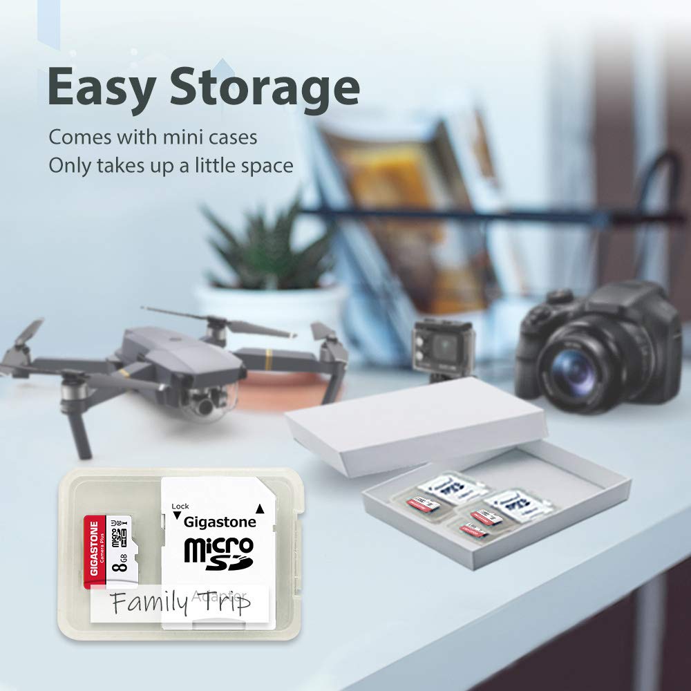 GIGASTONE Carte Mémoire 8 Go Lot de 10 Cartes, Caméra Plus Série, Vitesse allant jusqu'à 80 Mo/s. idéal pour Full HD Vidéo Gopro Drone Caméra U1 C10 Carte Micro SDHC avec Mini étui et Adaptateur SD.