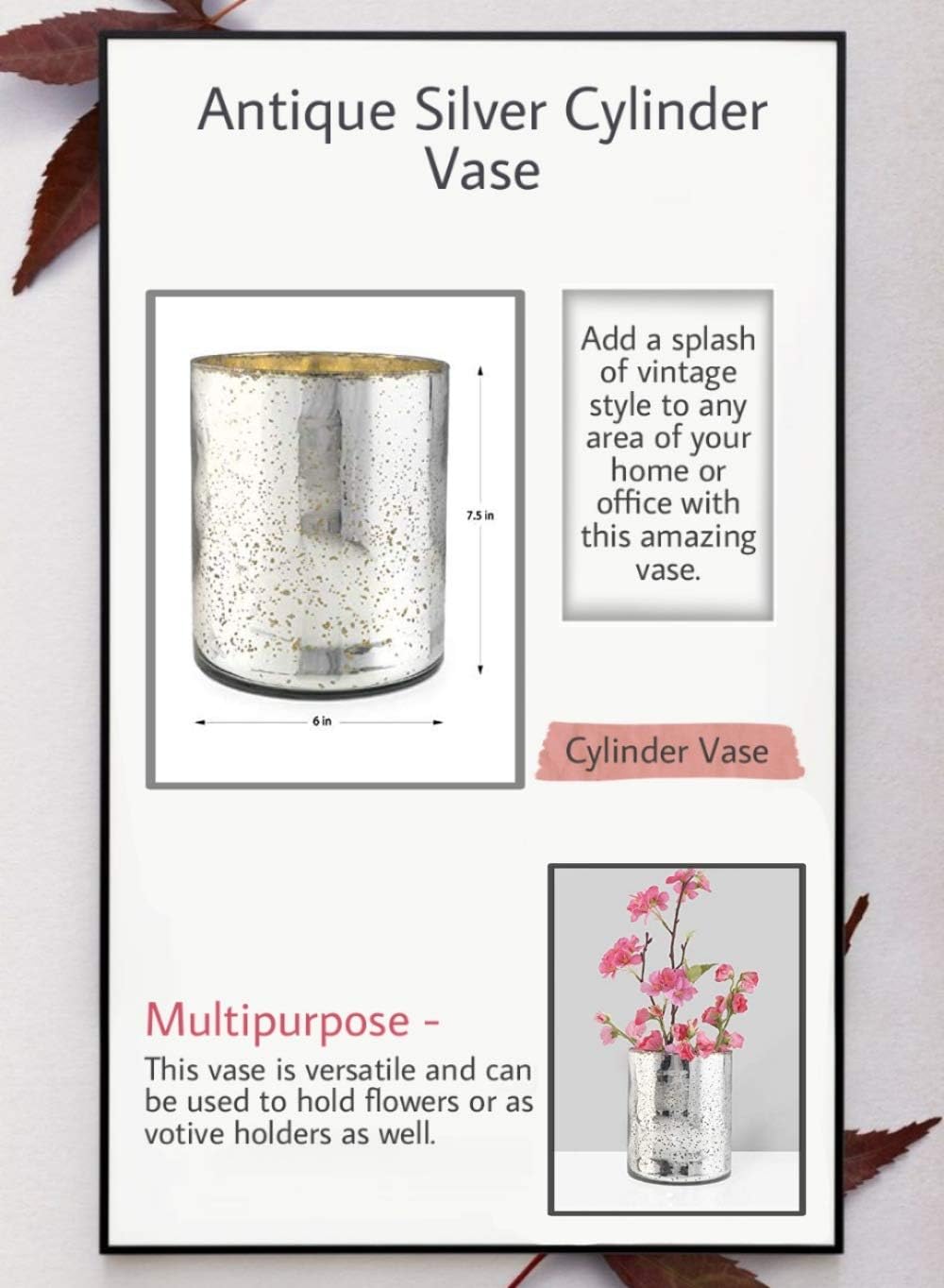 Serene Spaces Living Antique Silver Cylinder Vase, Vintage-Style Handmade Mercury Glass Finish for Weddings, Parties, Events, Measures 7.5" Tall and 6" Diameter