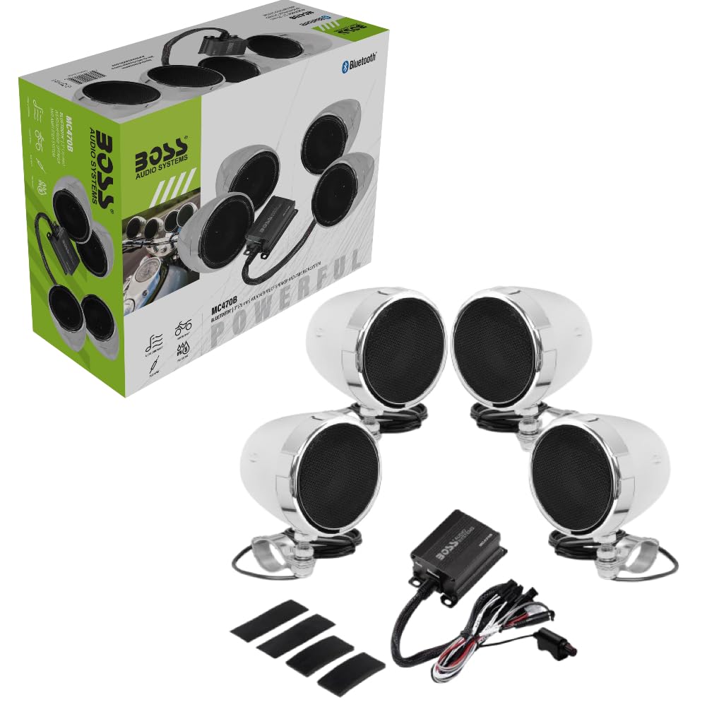 Kit Set para Boss Audio Systems MC470B, con Amplificador de Rango Completo Clase D y 4 Altavoces cromados de 3", para Motocicletas, Resistente a la Intemperie, 1 Kit