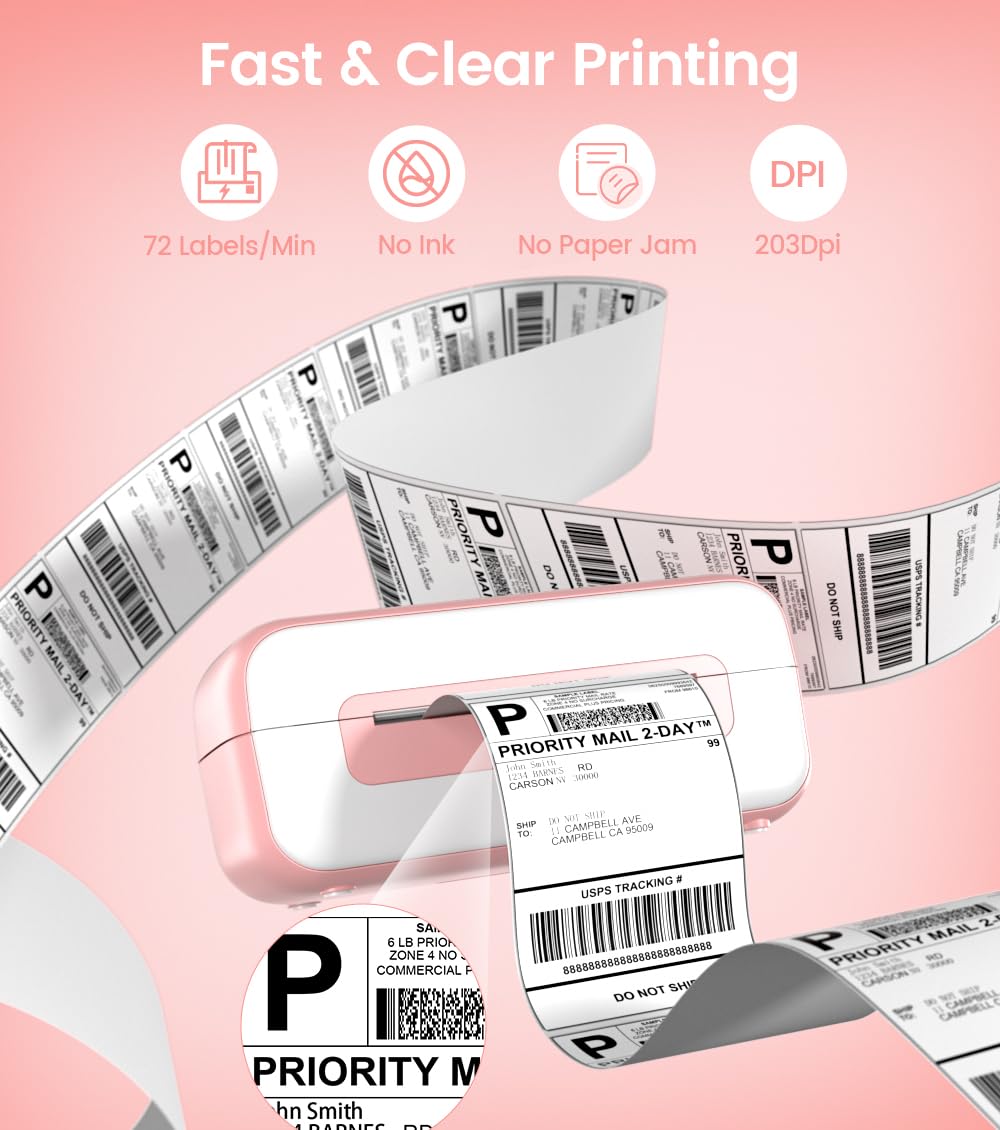 Phomemo Stampante per etichette DHL con porta etichette, 4x6 pollici per telefono/PC, stampante per etichette di spedizione, logo, indirizzo, prezzo, etichette per barattoli di spezie, rosa