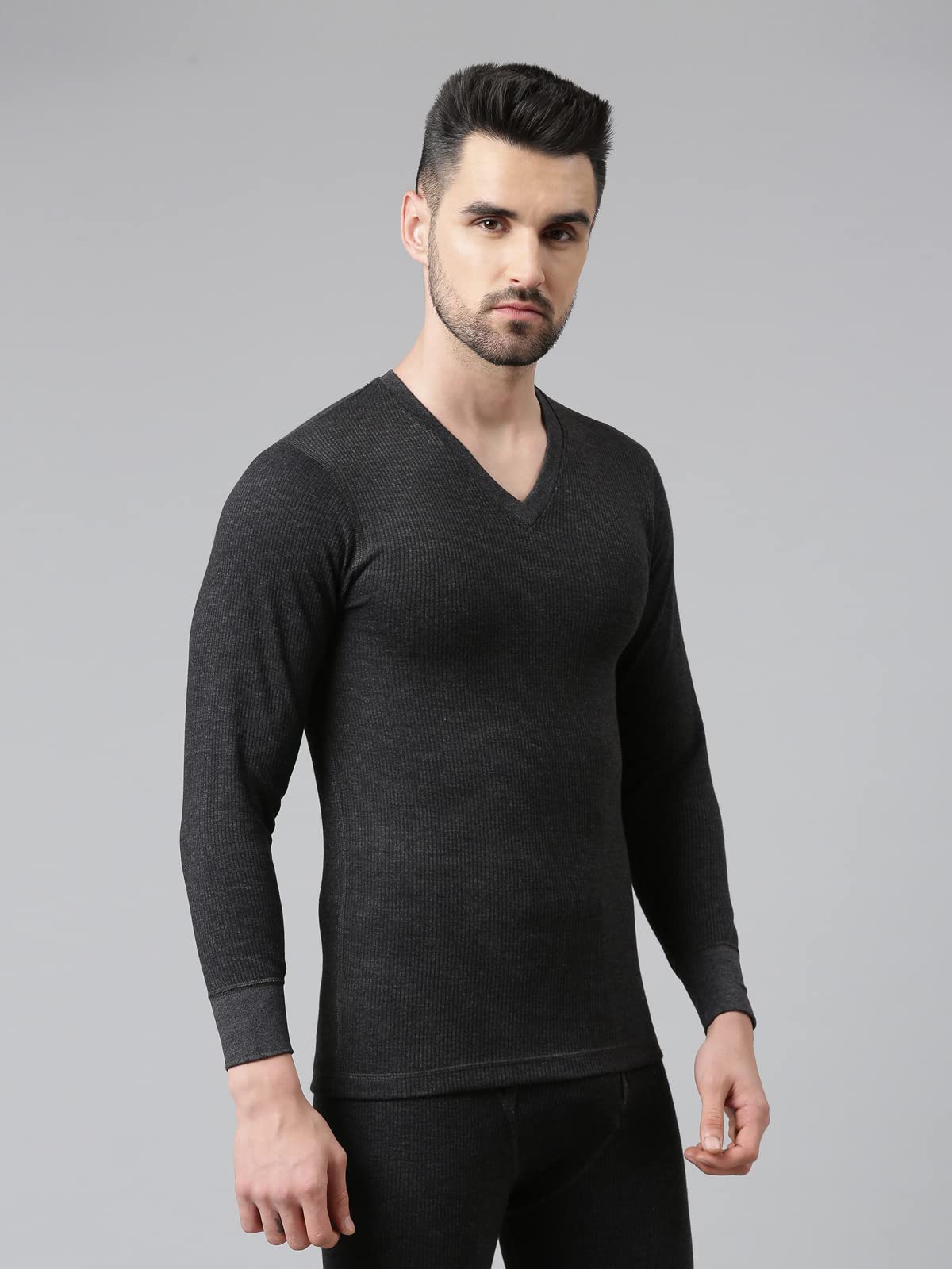 Dixcy Scott Maxmius Mens V-Neck Full Sleeves Solid Print Thermal Tops(Dark Grey Melange)-S 1