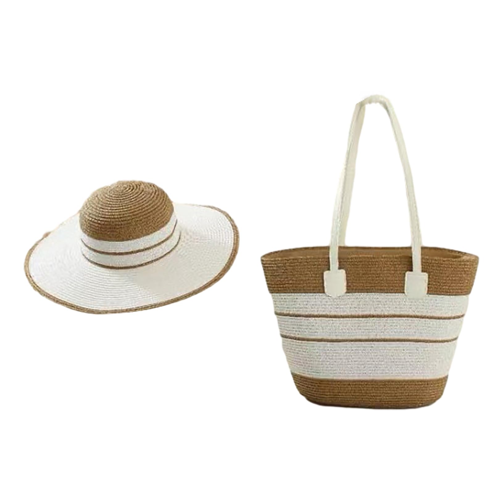 Lot de 2 chapeaux de plage à larges bords rayés en rotin avec sac fourre-tout tissé à la main et sac à bandoulière portable pour vacances, pique-nique, bord de mer
