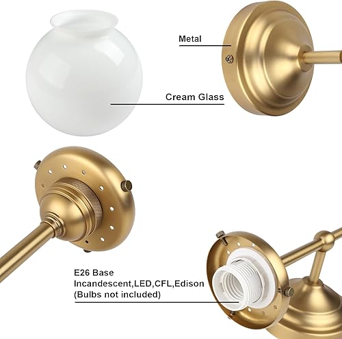 Miniatura 6 de Yosoan Juego de 2 apliques de pared de vidrio de leche para interiores, luces industriales vintage modernas de latón, cableado con lámpara redonda
