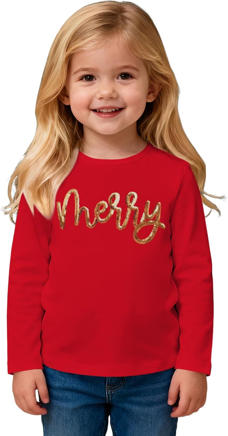 Toddler Baby Girls Christmas Shirts Embroidery Glitter Merry Tees Long Sleeve T-Shirt Xmas Tops Holidays Clothes