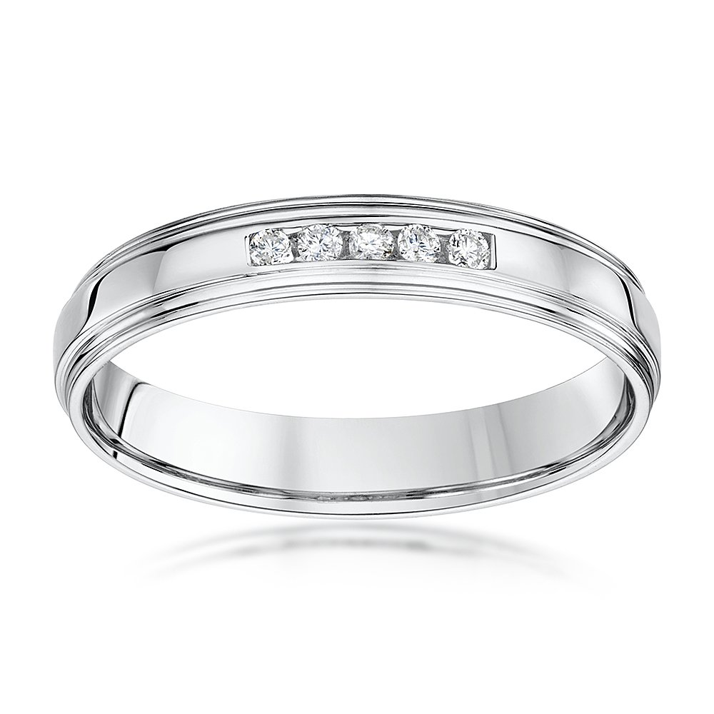 Theia Anillo de Boda en Oro Blanco de 9k de 4 mm, Forma de Corte con Montura en Canal de Diamante Redondo de 0,1 ct