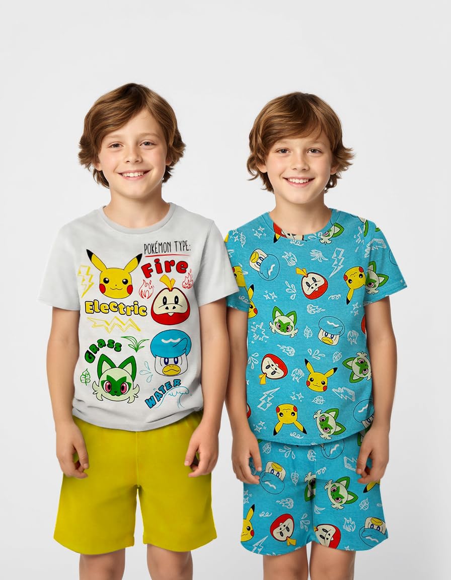 Pokémon - Set pigiama per ragazzi - Set pigiama a maniche corte e pantaloncini, 100% cotone, pigiama estivo per bambini, vestibilità aderente, bianco blu, 8, Bianco blu, 8