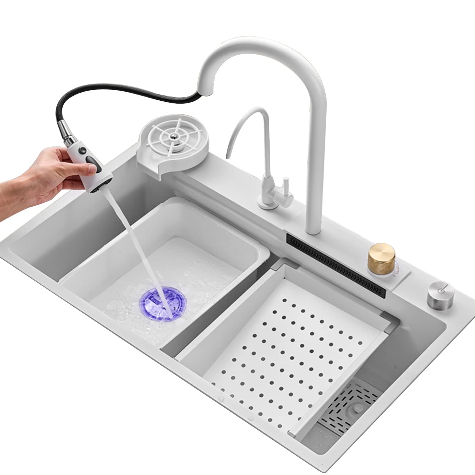 ZQFHSX Stainless Steel Sink White Kitchen Large Single Bowl Waterfall Faucet All Accessories Included (Size : 80x45x22cm)