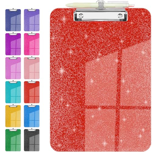 Wachenze Sparkly Clipboard with Pen Holder Clear Plastic Glitter Clip Board Hanging Shiny Clipboards with Low Profile Metal Clip Letter A4 Size for Women Office (Red)