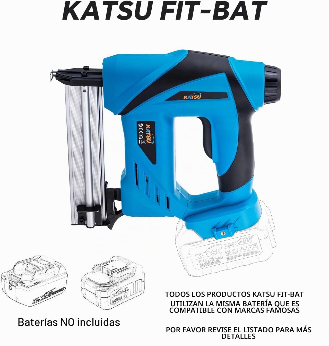 KATSU Pistola de Clavos Inalámbrica FIT-BAT 21V, Clavadora y Grapadora 2 en 1, 35 Disparos por Minuto, para Tapicería, Carpintería y Proyectos de Carpintería (Batería no incluida) 102433