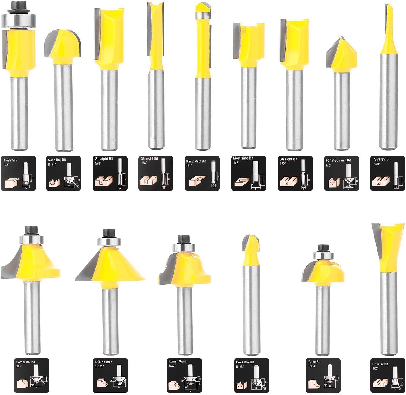 Boren 15Pieces Router Bits Set 1/4 Inch Shank Woodwork Tools，for Doors for Beginners Woodwork Tools，Tables,Shelves,Cabinets,DIY Woodwork.