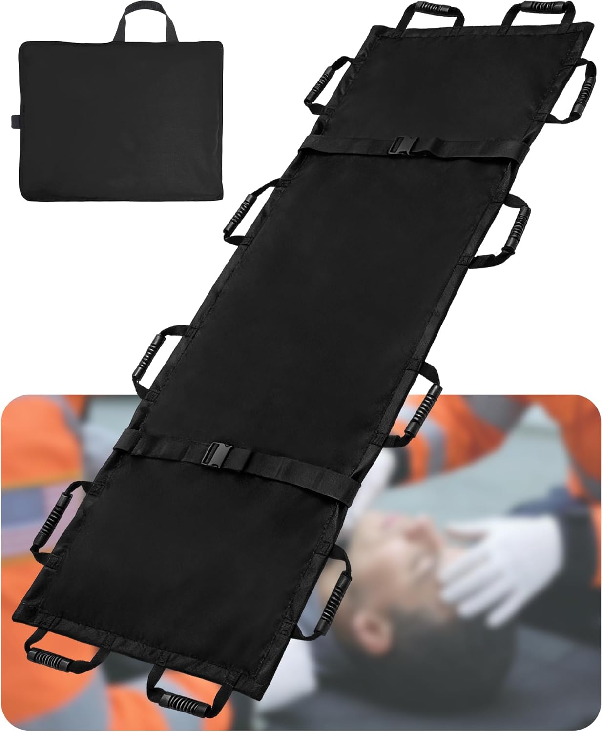 Portable Transport Stretcher with 12 Rubber Handles & Carry Bag – Foldable Emergency Patient & Animal Mover for Rescue First Aid, 400lbs Capacity, Ideal for Home, Hospitals & Outdoor Use (Black）