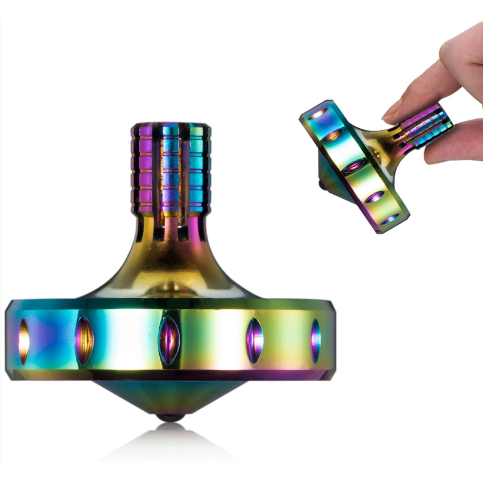 LOQATIDIS Metal spinning top, perfectly balanced, gentle rotation, long rotation time, light over 10 minutes, portable EDC toy, colourful L
