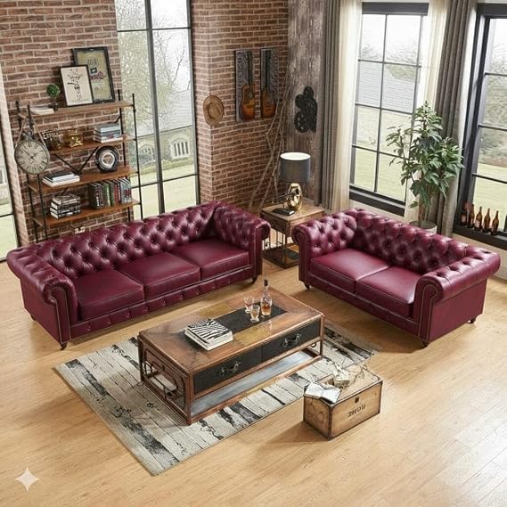 Image of A to Z Furniture Classic 3+2=5 Seater Sofa Set Luxury Chesterfield Leatherette Sofa in for Home Living Room & Office (3+2=5 Seater Sofa Maroon)