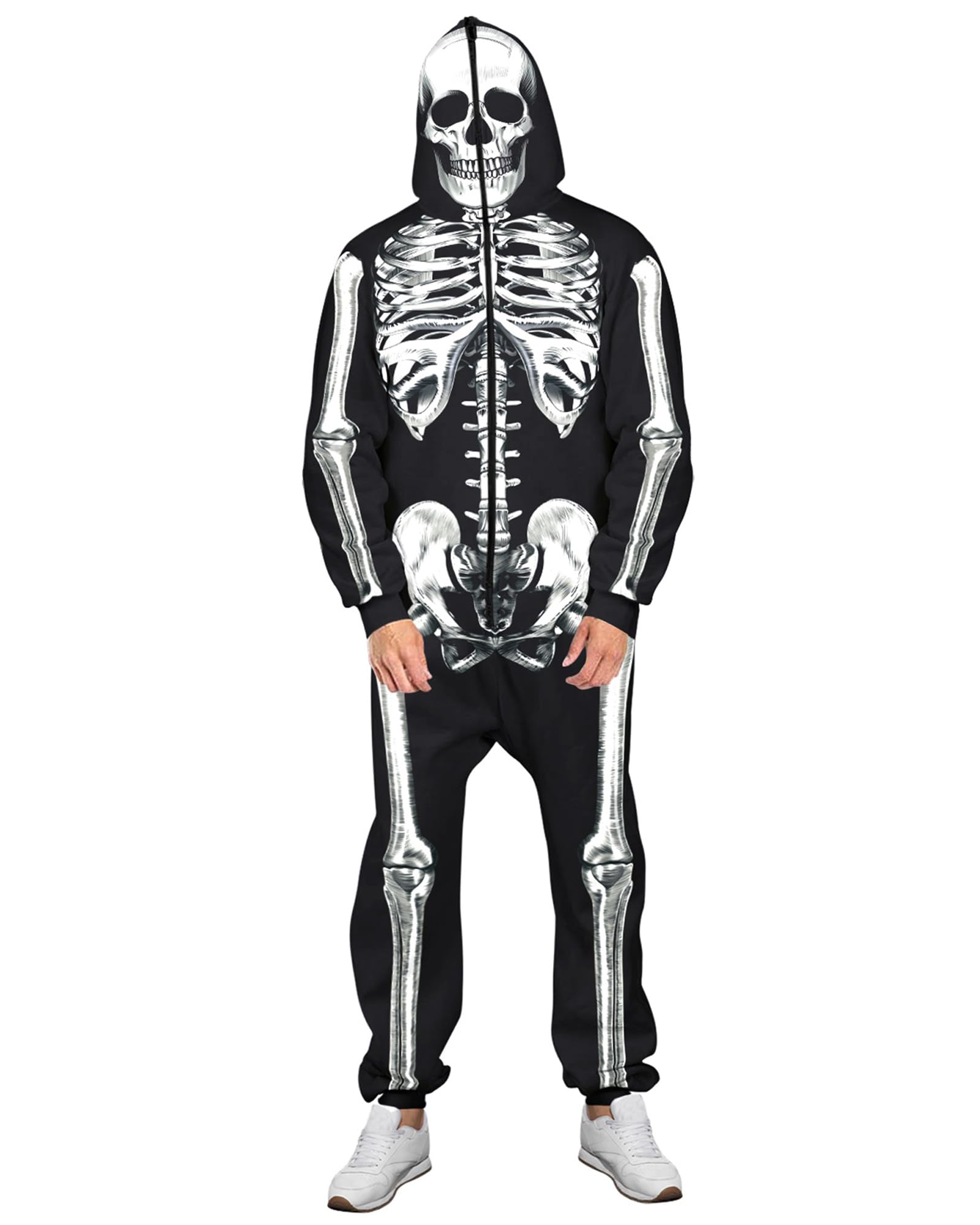 Combinaison squelette d'Halloween imprimé squelette 3D une pièce à capuche - 8