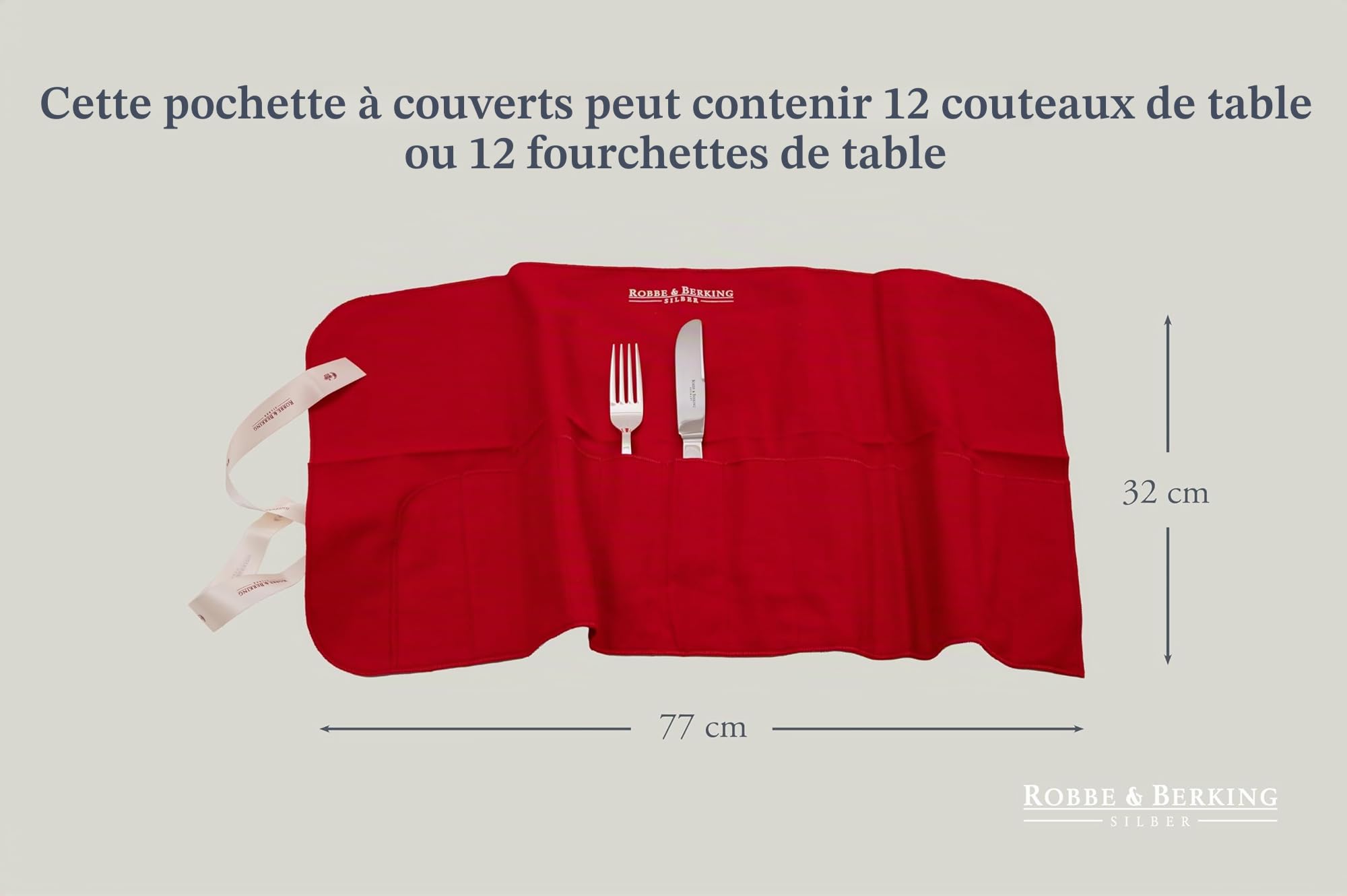 Robbe & Berking en tissu, pochette de rangement pour couverts en argent et métal plaqué argent, protège des rayures et du ternissement (12 fourchettes à menu / 12" couteaux à menu