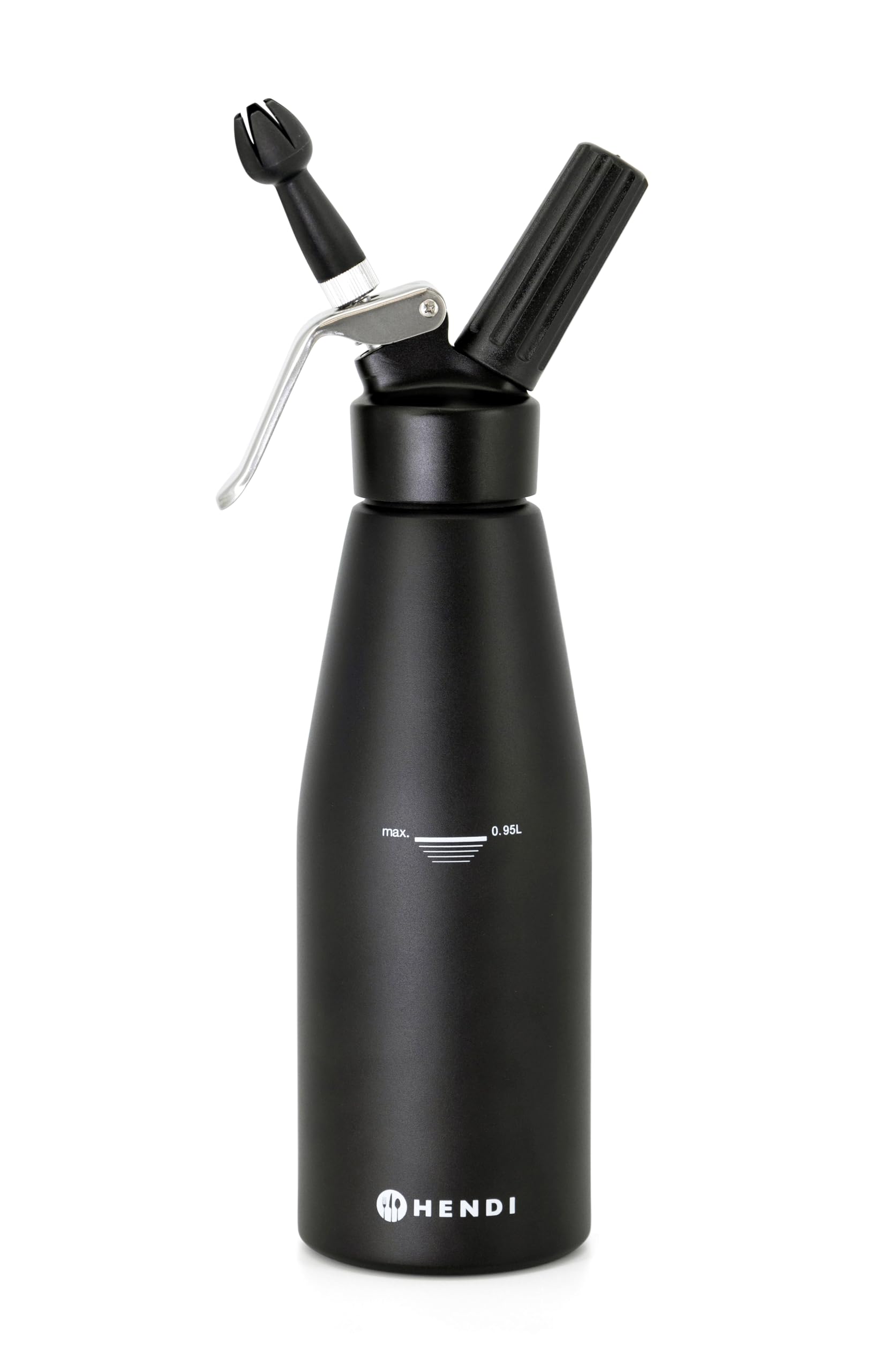 HENDI Sifone da cucina per panna montata, con 3 beccucci decorativi in polipropilene e spazzolina per la pulizia, sifone panna montata, 0,95L, ø95x(H)320mm, alluminio, nero