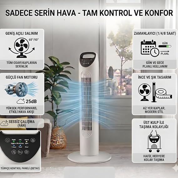Kule Tipi Vantilatör, Uzaktan Kumandalı, 3 Kademeli Hız Ayarı, 7.5 Saat Zamanlayıcı, Salınımlı Sessiz Fan, 45W, Ev Ofis Yatak Odası İçin
