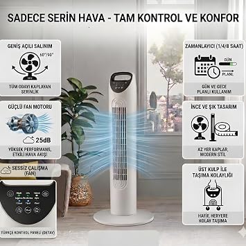 Kule Tipi Vantilatör, Uzaktan Kumandalı, 3 Kademeli Hız Ayarı, 7.5 Saat Zamanlayıcı, Salınımlı Sessiz Fan, 45W, Ev Ofis Yatak Odası İçin
