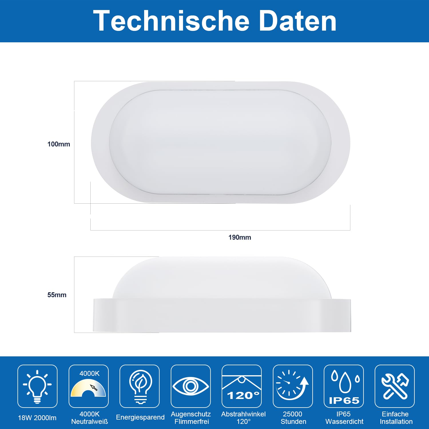 2 Stück LED Kellerlampe 18W 2000Lm Neutralweiß 4000K, LED Ovalleuchte, IP65 Wasserfest, Wandleuchte, Außenleuchte, ldeal für Kellertreppe, Balkon, Keller, Waschküche, Terrassen oder Gartenhäuser, Weiß