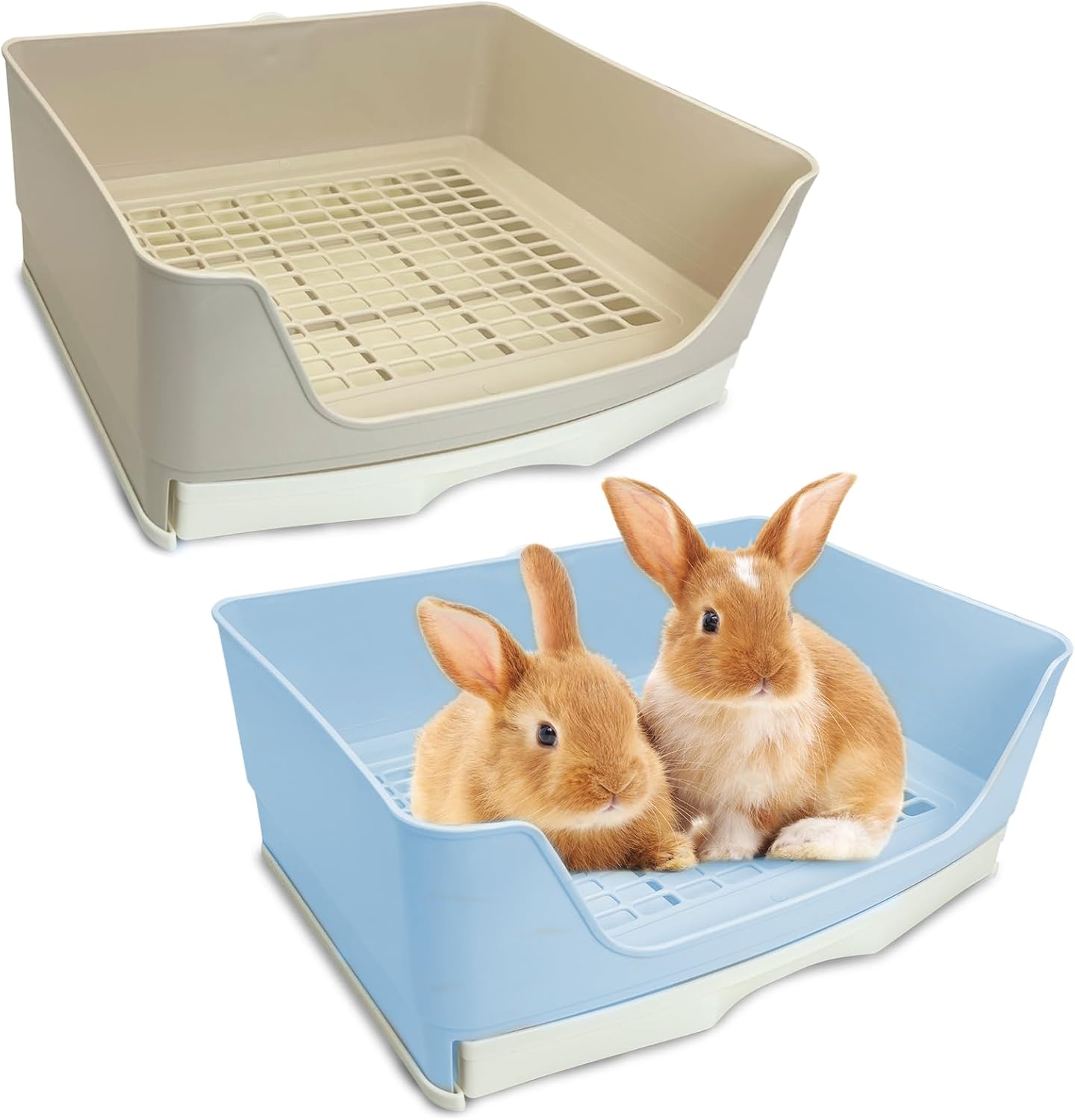 kathson 2pcs large rabbit litter box trainer, potty corner toilet with drawer bigger pet pan for adult hamster, guinea pig, ferret, galesaur, bunny and other animals (blue,brown) 2pcs, brown?blue