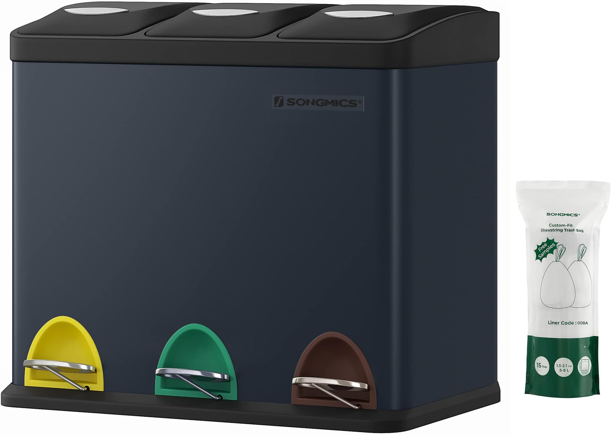 SONGMICS LTB24GS 3 x 8L Small Volume Kitchen Waste Bin with Lids Triple Steel Bin for Small Families Pedals and Buckets Easy to Clean, Greenish Grey and Black LTB24GS