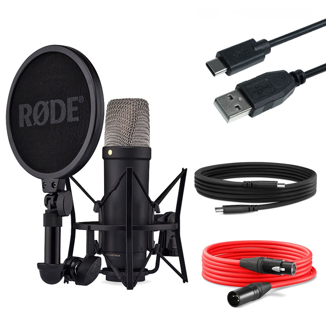 RØDENT1 5th Generation XLR USB Studio Microphone Black + Keepdrum USB Cable Type A to Type C 50 cm