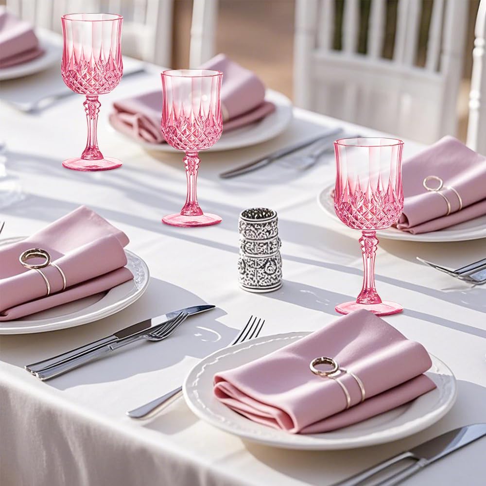 Plastic Goblets Plastic Wine Glasses 24 PCS, 7oz Pink Goblets Glassware Disposable Cups for Wedding Reception, Grand Event Party Supplies