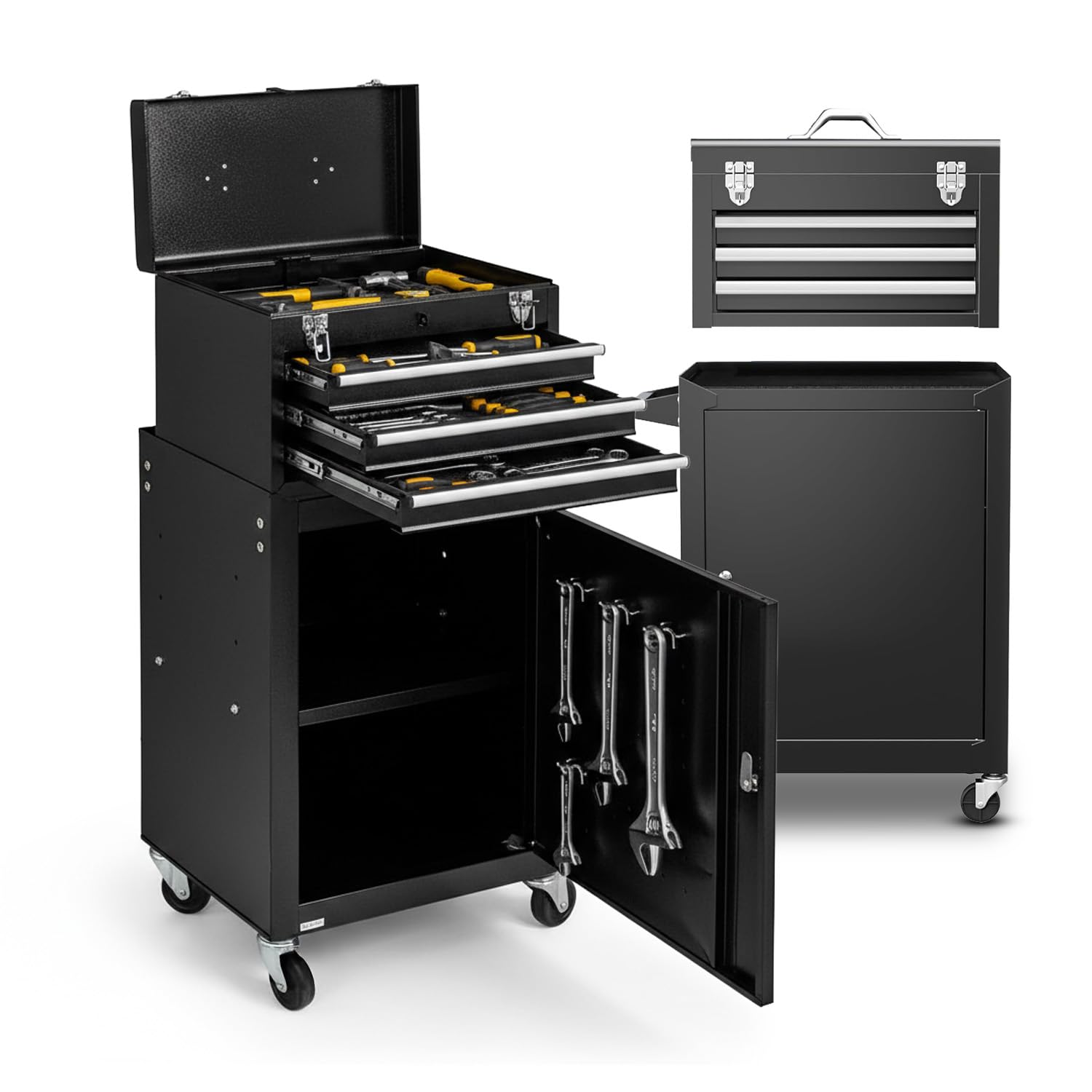 Carrello Officina Porta Attrezzi in Metallo - Banco da Lavoro Mobile con 3 Cassetti Scorrevoli e Armadietto con Serratura - 4 Ruote Girevoli e Maniglia Ergonomica - Organizer per Garage
