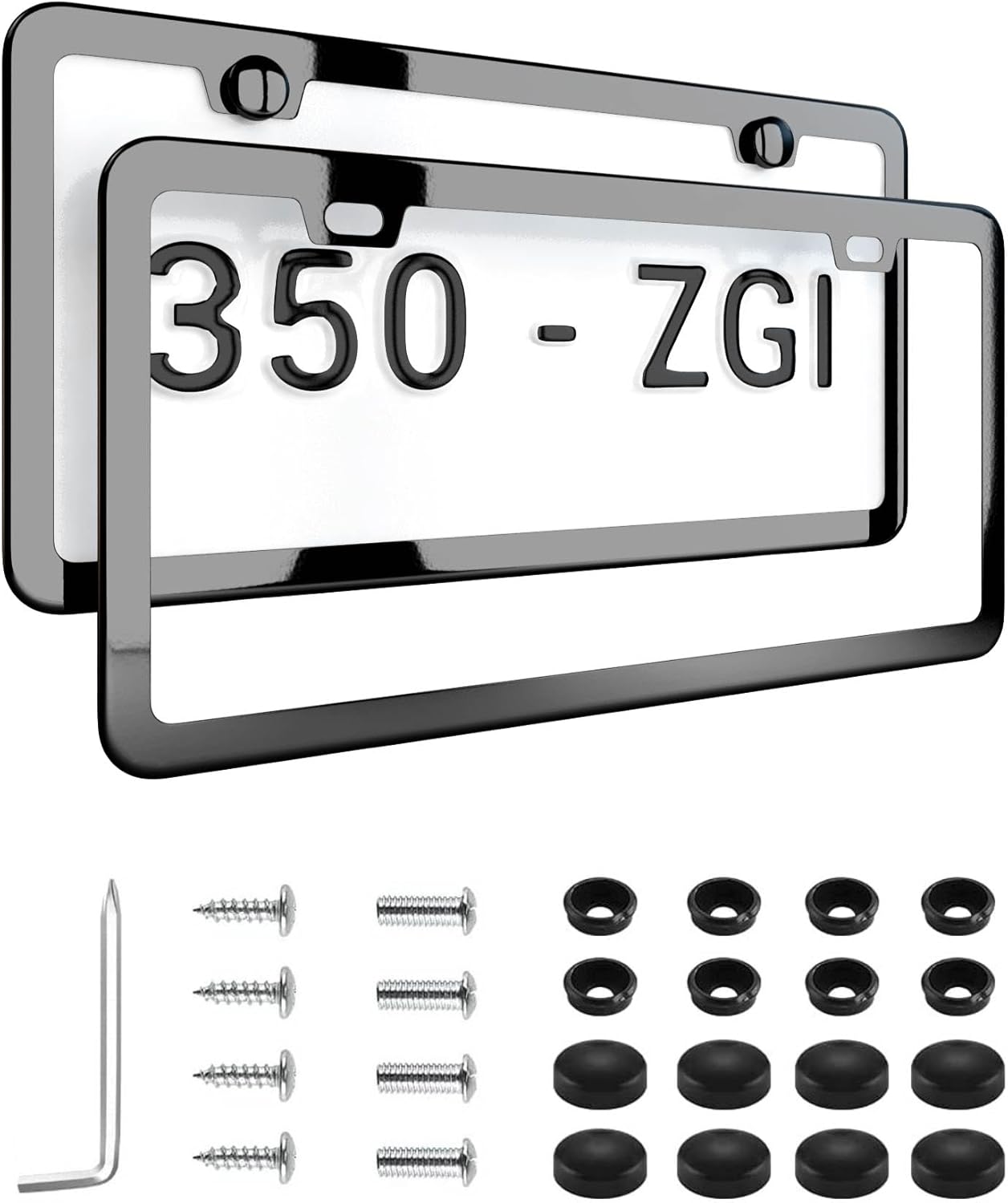 Mirror Black License Plate Frame - Titanium/Gunmetal Stainless Steel, 2-Hole Sleek Style, Premium Metal Durability, Easy Install, 2-Pack Gift Box - Polished Gloss Finish