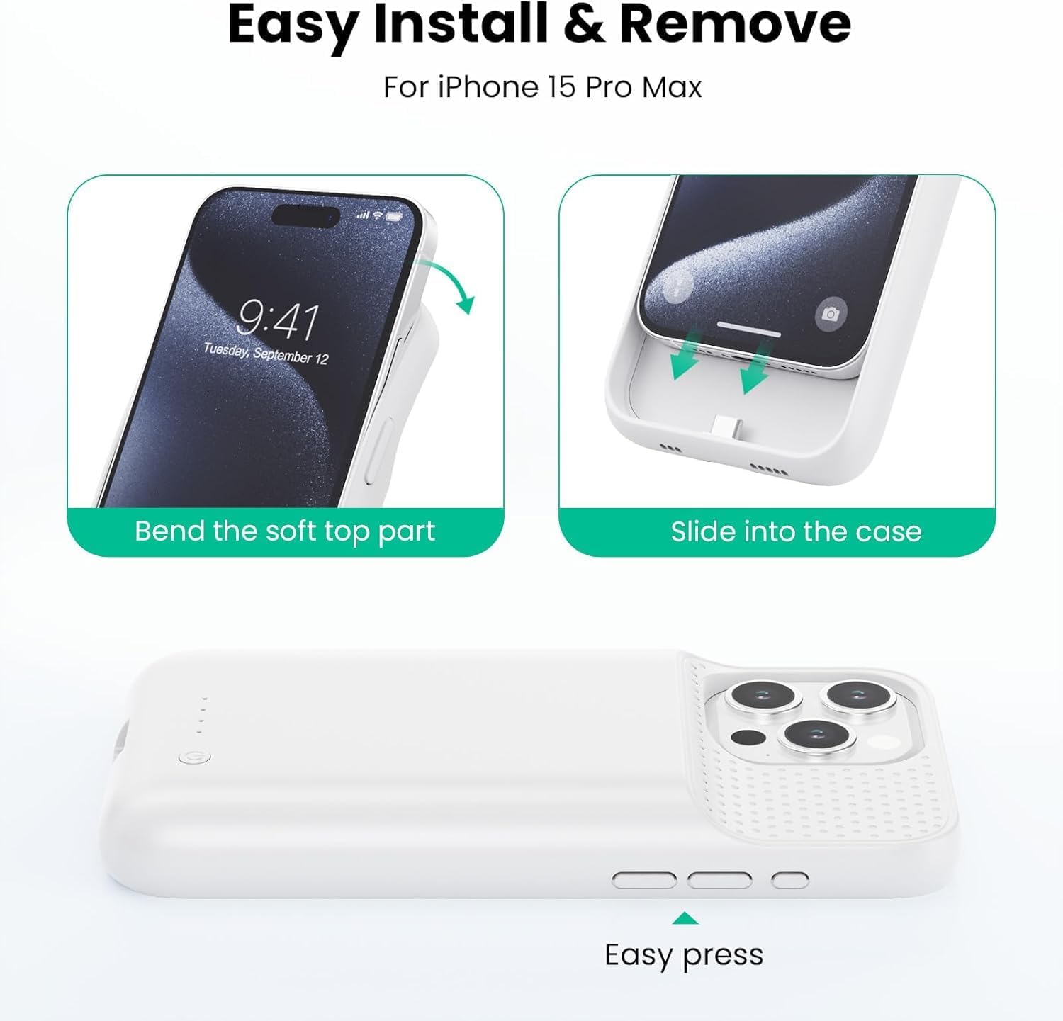 Battery Case for iPhone 15 Pro Max,Powerful 8600mah Ultra-Slim Protective Charging Case,15W Fast Charging Portable Rechargeable Expandable Battery Charger Cover for iPhone 15 Pro Max(6.7inch)-White