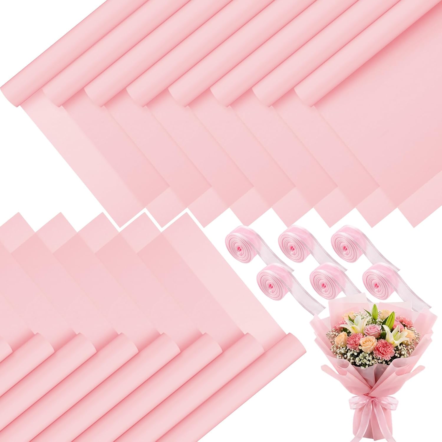 Sabary 120 Sheets Flower Wrapping Paper Bouquet Pure Color Waterproof Floral Packaging Paper with 196 Inch Ribbon Florist Bouquet Supplies for Wedding Birthday DIY, 22.8 x 22.8 Inch(Black)