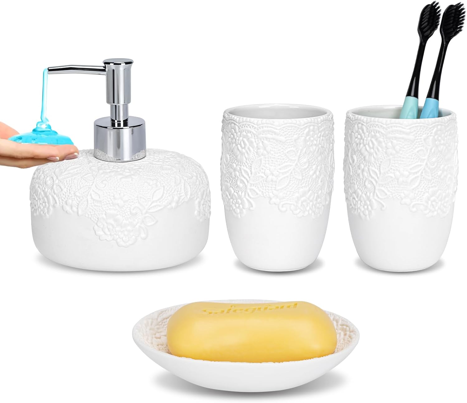 Ceramic White Bathroom Accessory Sets Embossed Design Look, Includes Bathroom Soap Dispenser with Rust-Proof Plastic Pump 13.5oz & 2Pcs Ceramic Cup,1Pcs Soap Dish