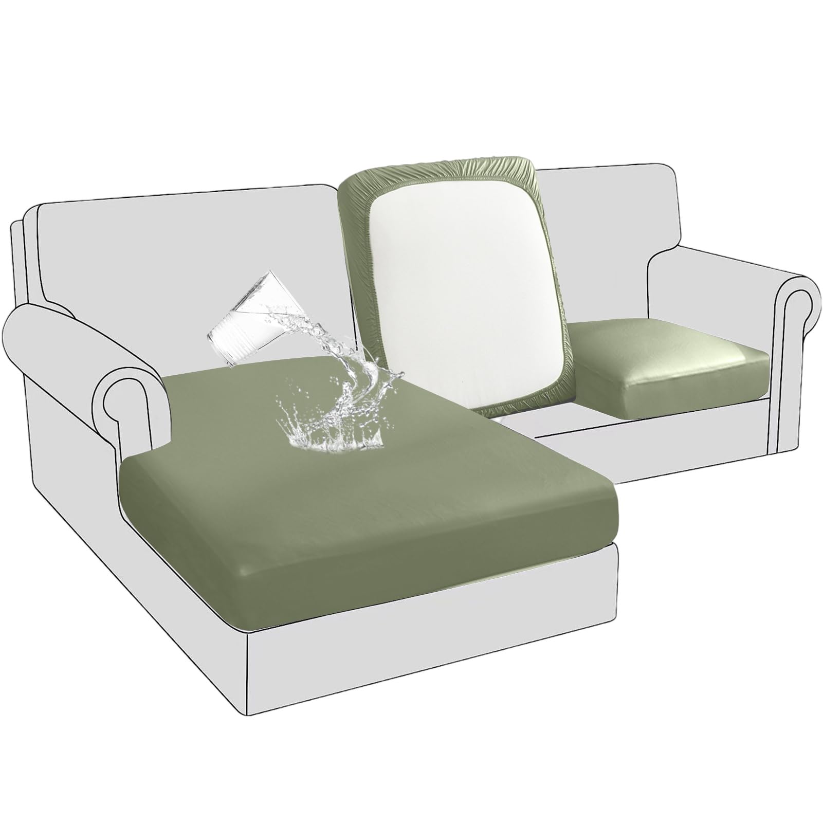 BXFUL PU Sofa Seat Cushion Covers Leather Seat Cushion Protector Waterproof Furniture Protector Sofa Seat Sofa Slipcover with Elastic Bottom (Large Chaise Seat,Matcha)