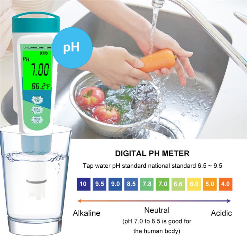 Image of Aquarium Salt Tester, Pool Salt Tester Salinity, PH, TDS, EC, and Temperature Meter 5 in 1, Digital Salinity Meter for Saltwater Aquarium, Salt Water Pool Testing Kit