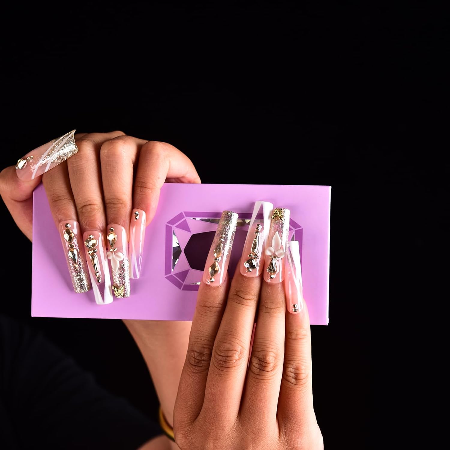 Tmani 10pc/set Extra Long Handmade Press On Nail Hot Girl's Long Ballet Nails Square Nail Full of Diamond Glitter Decoration Fake Nails Suitable For Girls Festival Parties and Birthday Gift (228,M)