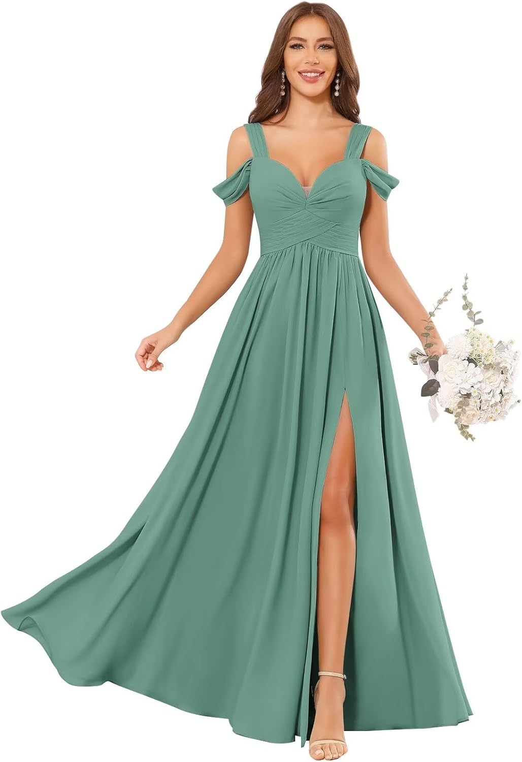 OFEECHUN Women's Off The Shoulder Bridesmaid Dresses Long with Slit Pleated Chiffon Formal Evening Gown