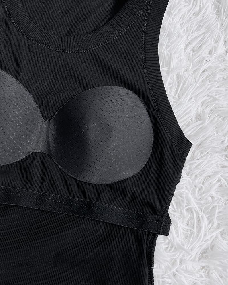 CHICME Canotte da donna con reggiseno integrato, canotte sportive da donna, canotte a costine, per fitness, allenamento, corsa