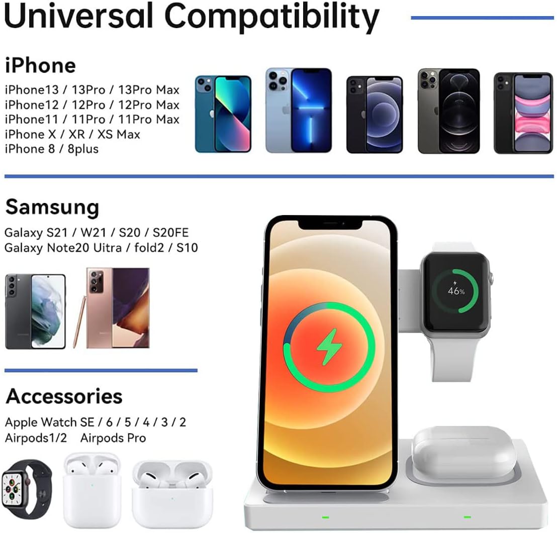 3 in 1 Wireless Charger, 15W Fast Wireless Charging Station, Foldable Charger Stand Dock for iPhone 14/13/12/11/Pro/XS/XR/X/8P/Samsung, iWatch 7/6/SE/5/4/3/2, AirPods 3/2/Pro(White)