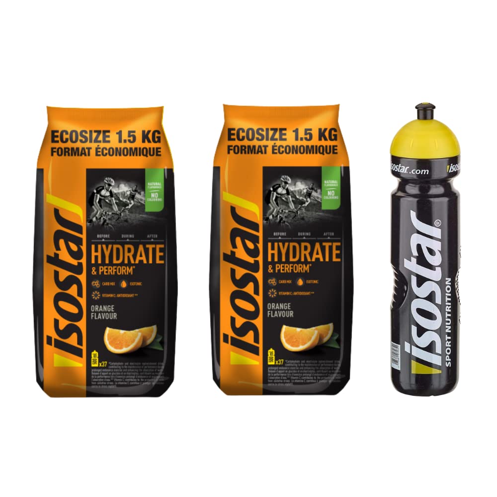 isostar-Set - 2x1.5kg Orange + 1x1L Flasche | Hydrate & Perform Iso Drink | Isotonisches Getränkepulver | Elektrolyt Pulver zur Unterstützung der sportlichen Leistungsfähigkeit | Elektrolyte Pulver