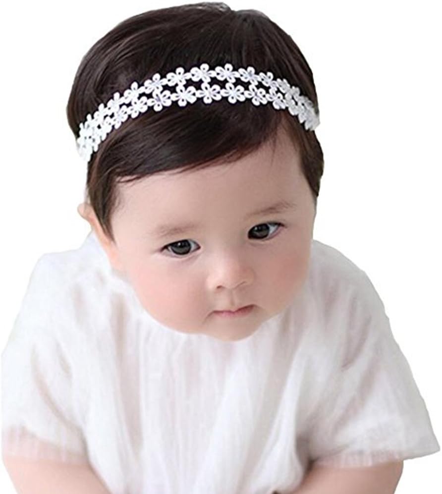 RQJ Baby Girls Christening Flower Headband Baptism Rhinestone Stretchy Hair Band Bowknot Headwrap for Toddler